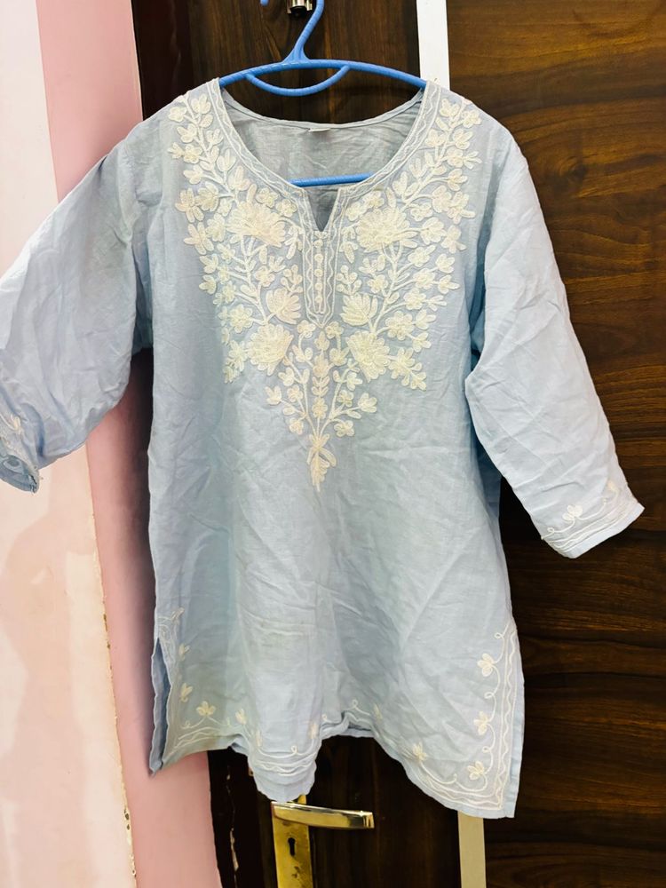 LIGHT BLUE COTTON SHORT KURTI