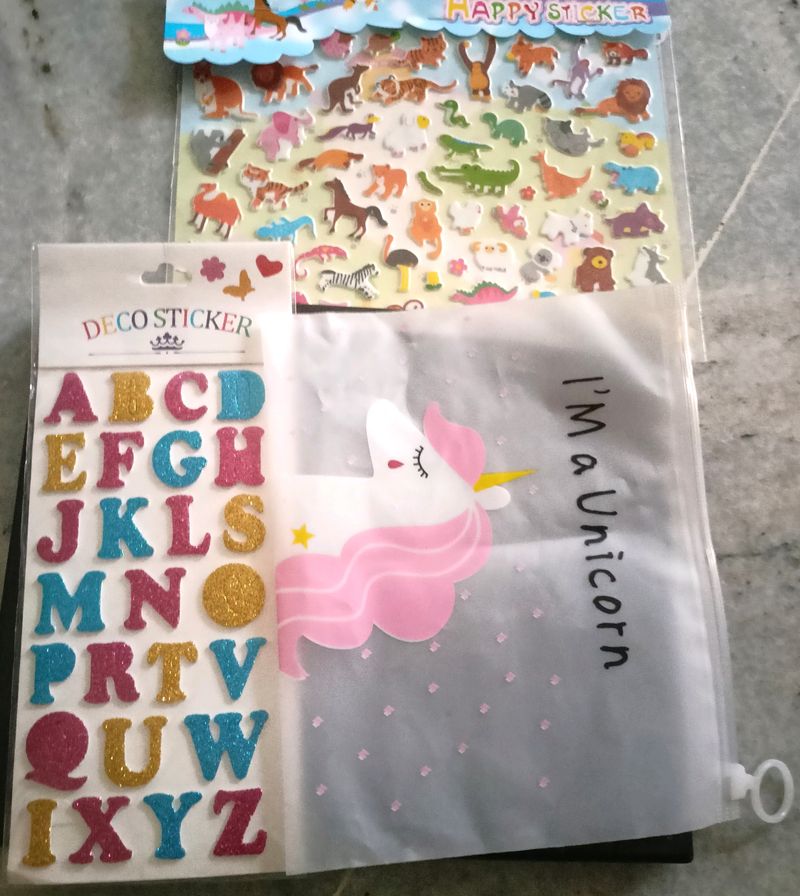 Stickers,Pom PomsAnd Unicorn Pouch