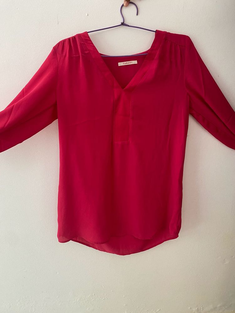 Women Rose/hot Pink V-neck Shirt