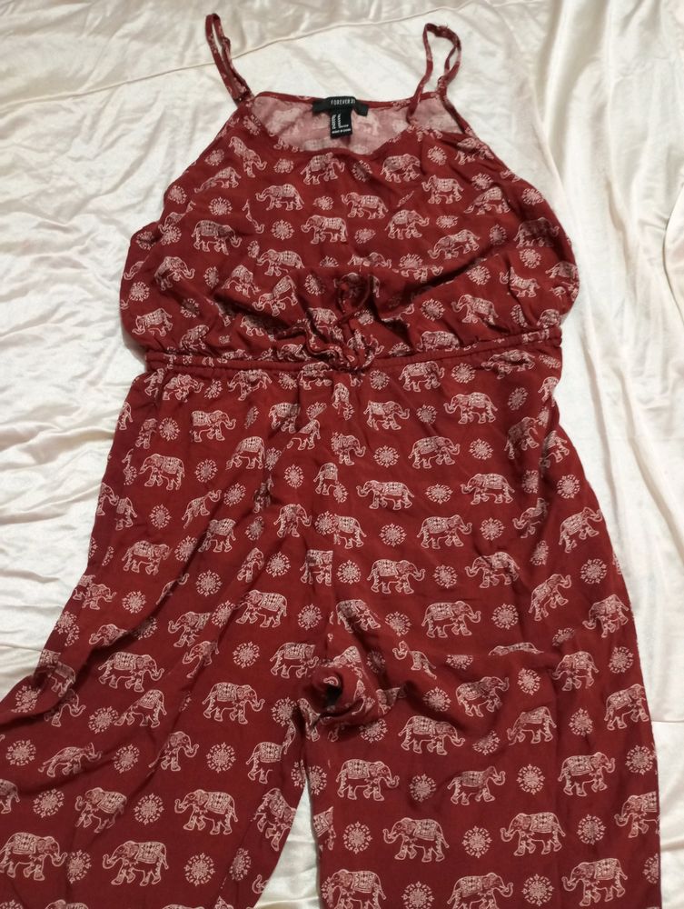 Elephant Printed Maroon Jumpsuit Dress (Women)