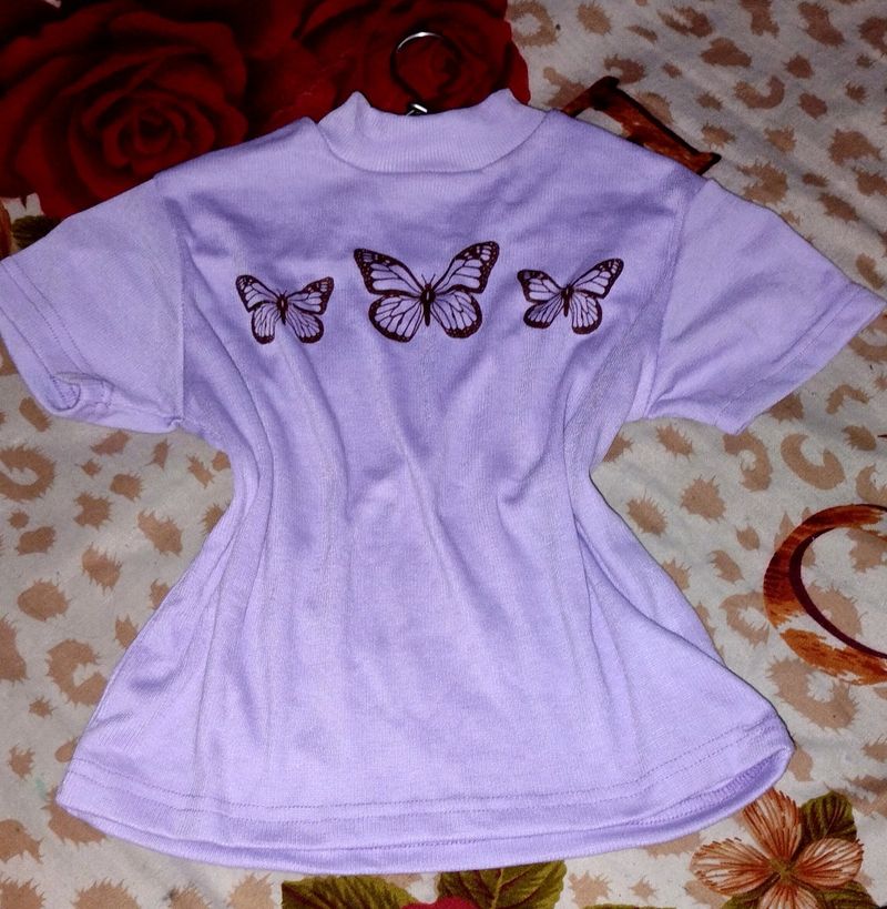 Purple Korean Top With Butterfly Print