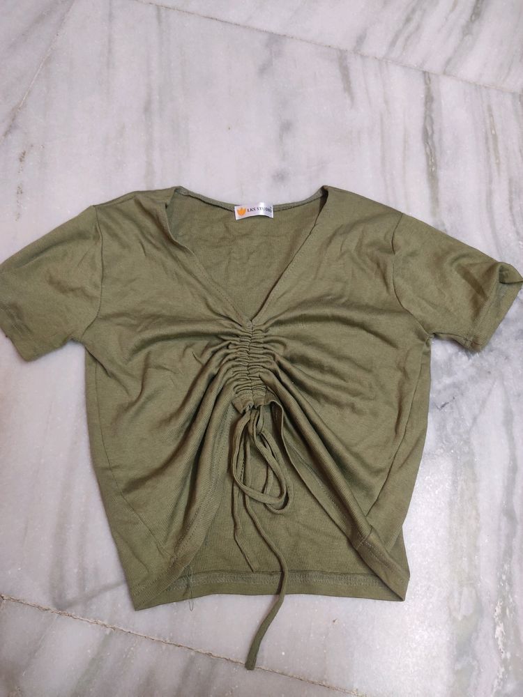 Olive Green Soft Material Knot Crop Top