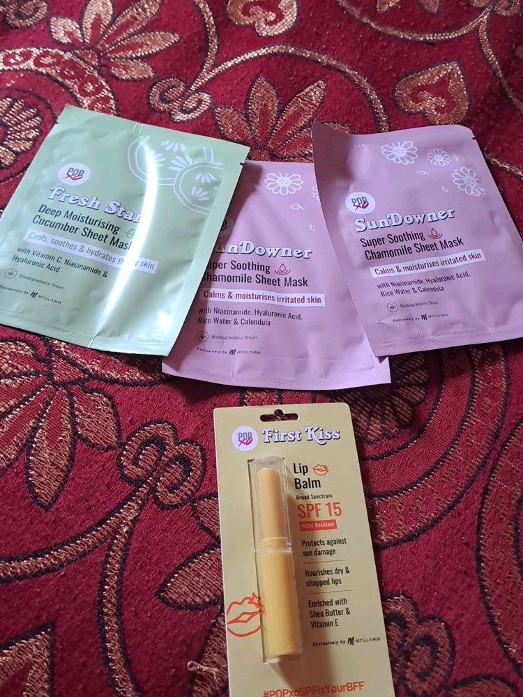 3 Myglamm Sheetmasks.  1 Lip Balm