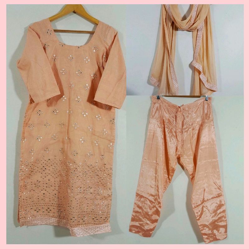 Peach Color Silk Suit Pant Dupatta Set