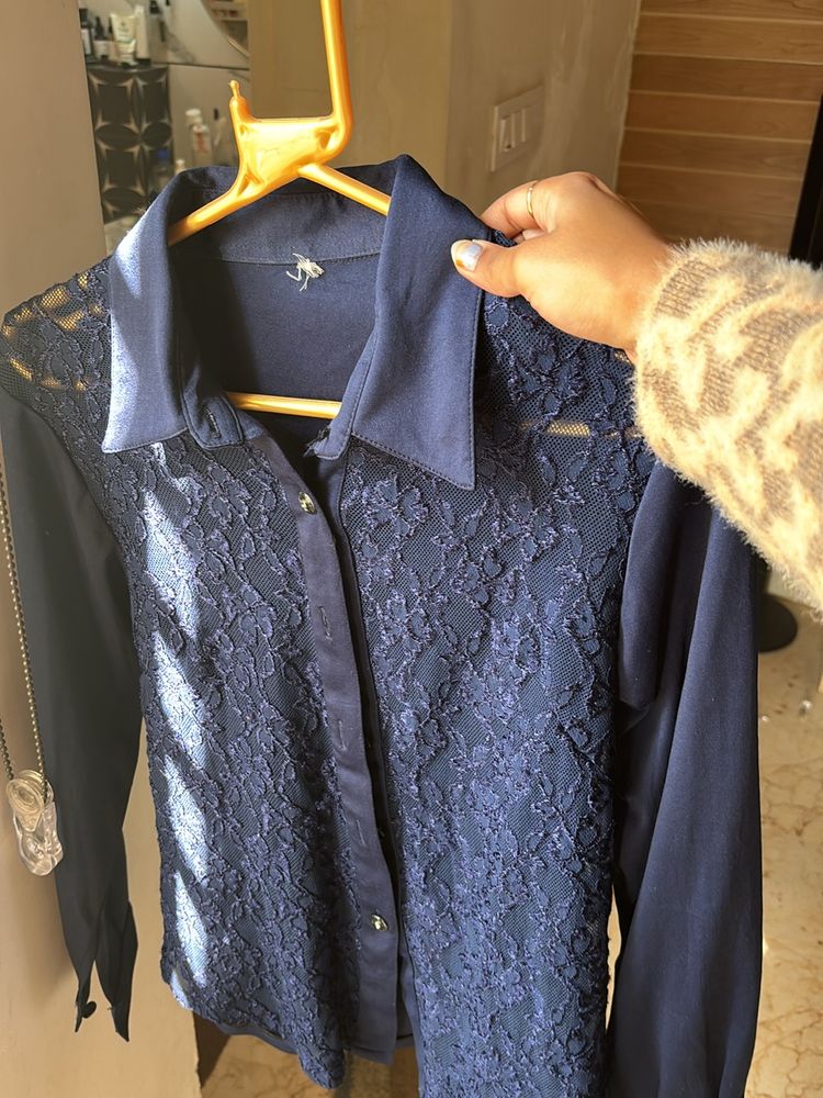Lace Front Midnight Blue Button Down Blouse