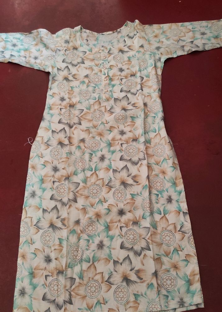 Cream Green Floral Printed Cotton Kurta Set