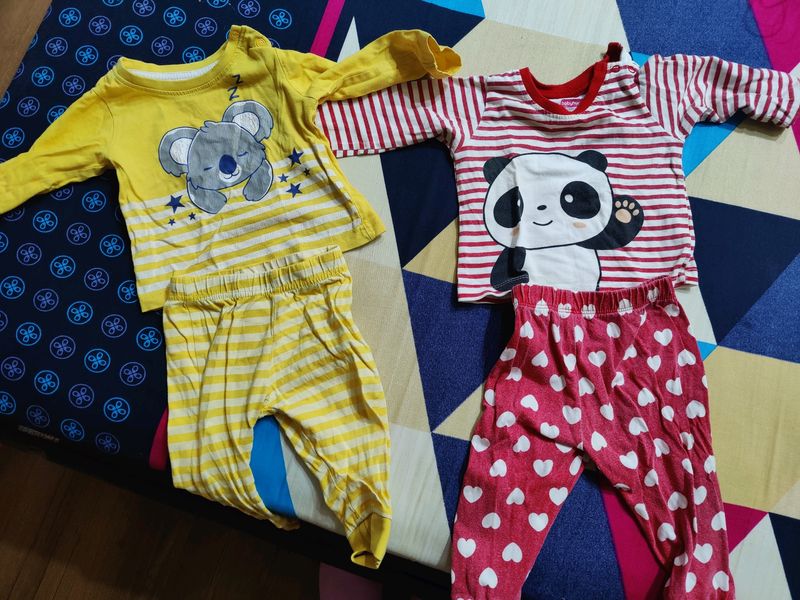 set of two used night suits from babyhug(firstcry brand). it is of 6-9 months. i have used it throughly and it is faded. someone in need can connect