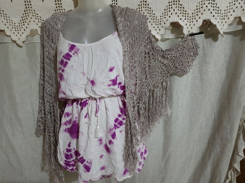 Combo Of Short Dress & Crochet Flared Srug