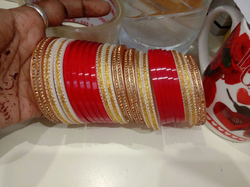 2.2 size, New bridal Bright Red n White Churdah, stone work, looks awesome