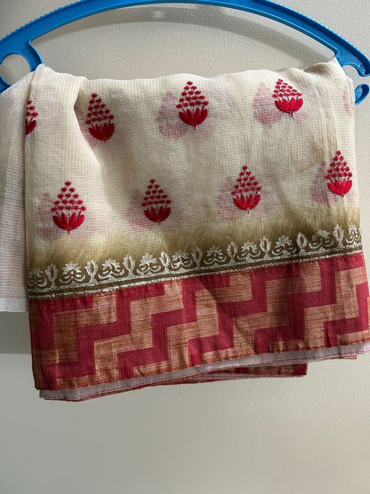 Half White Cotton Kota Saree With Red Embroidery