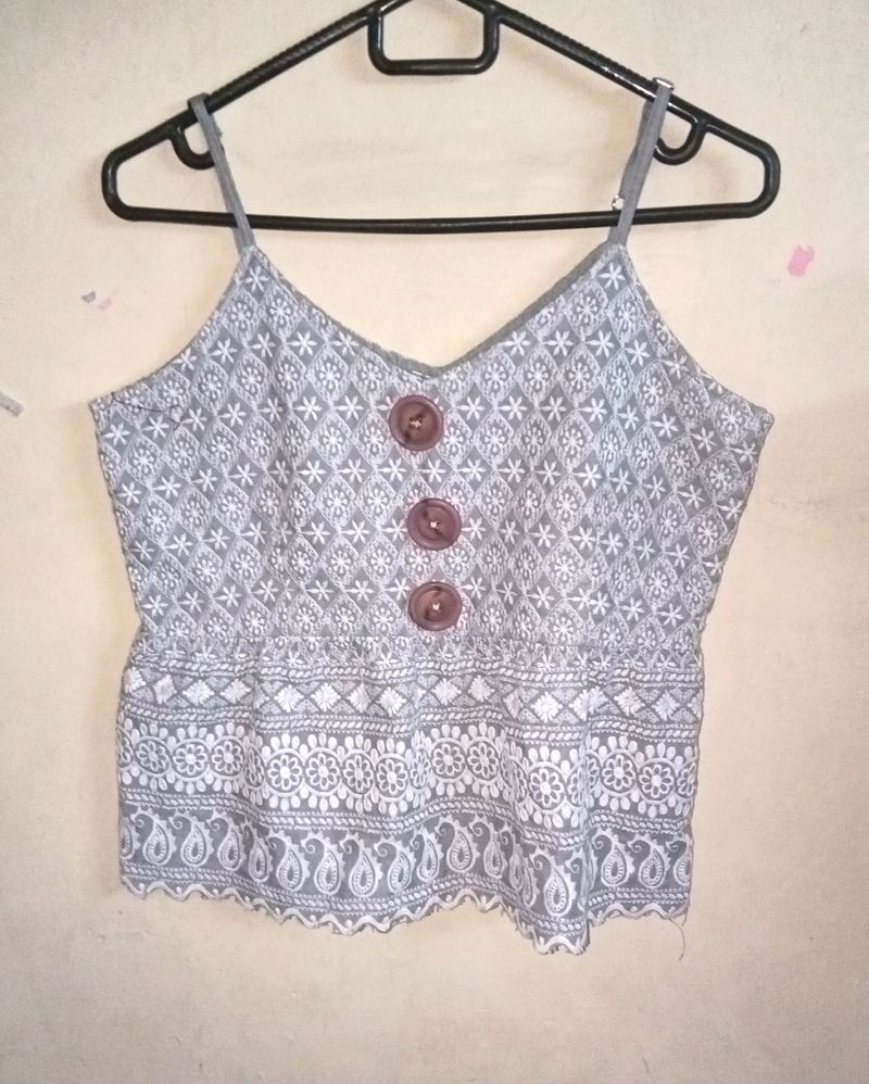 Grey Colour With White Embroidery Work Crop Top