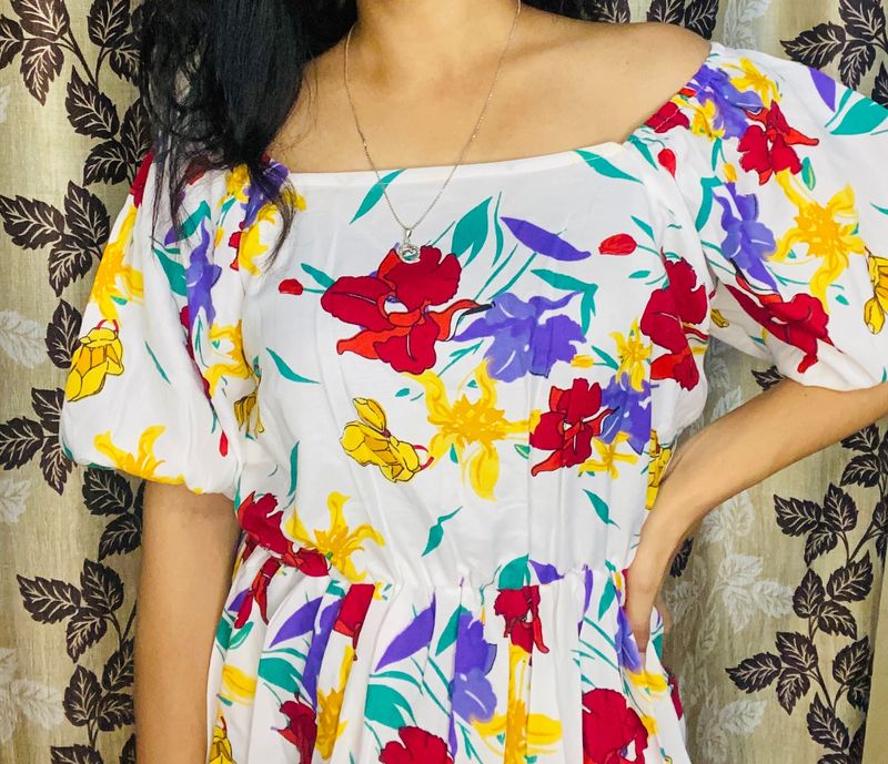 White Floral Dress Off shoulder