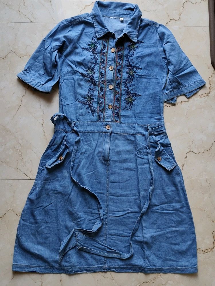 Denim Embroidered Dress For Women