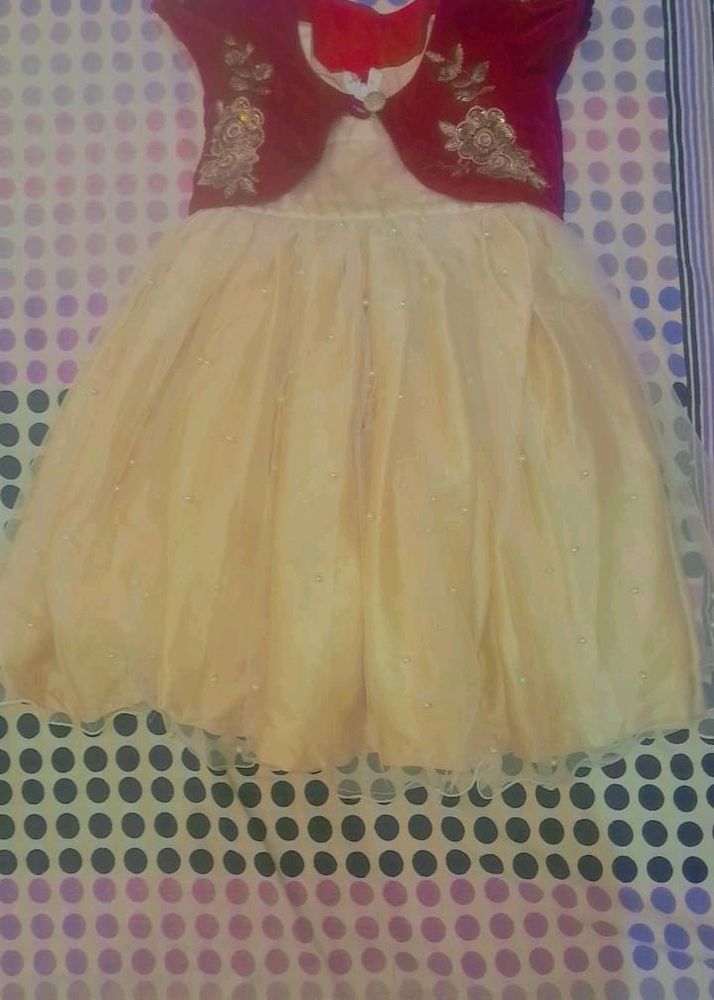 Gorgeous Girls Net Gown With Maroon Embroided Coat