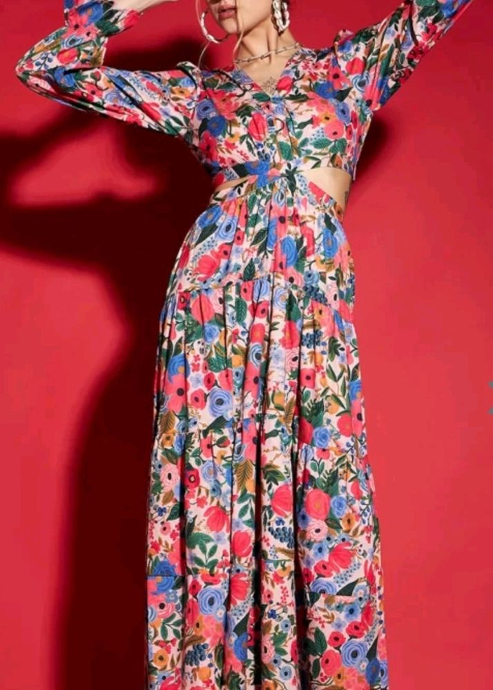 Floral Printed Cut Out Crepe Maxi Dress