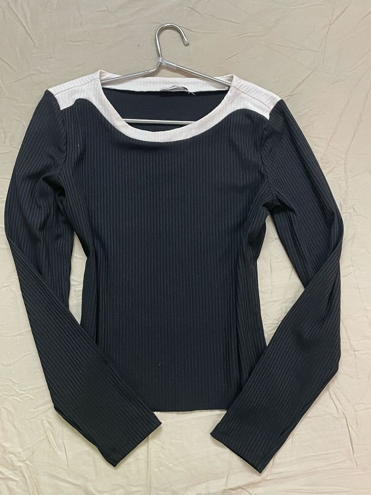 Rib Knit Black Full Sleeve Top