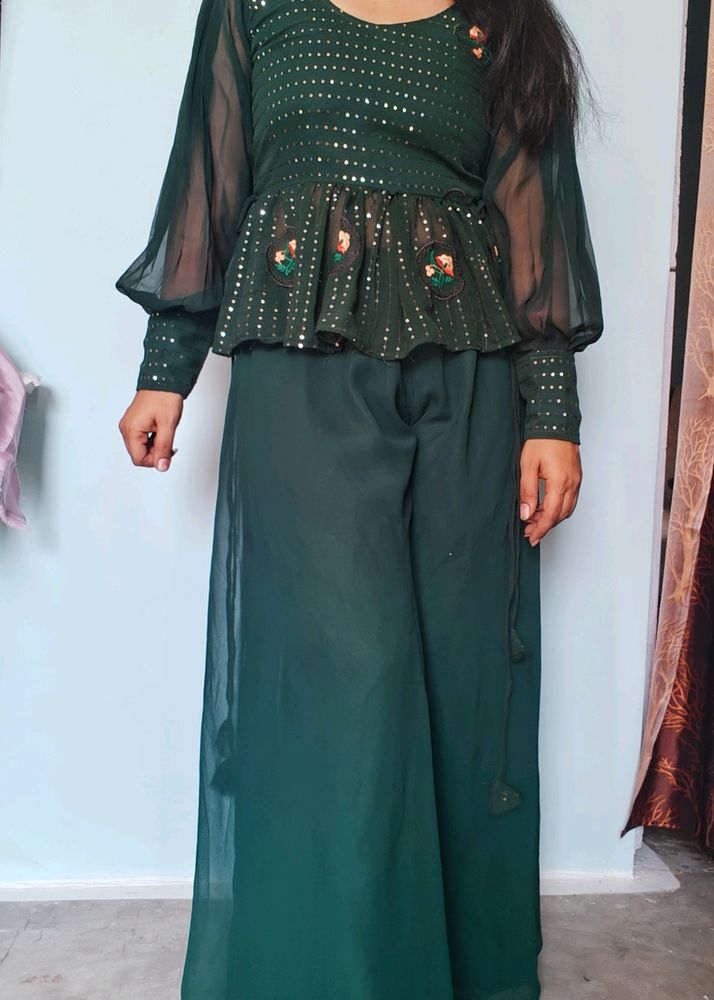 Dark Green Ethnic Plazo Sequins Stylish Top Dress