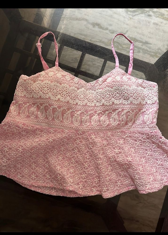 Pink Chikankari Crop Top