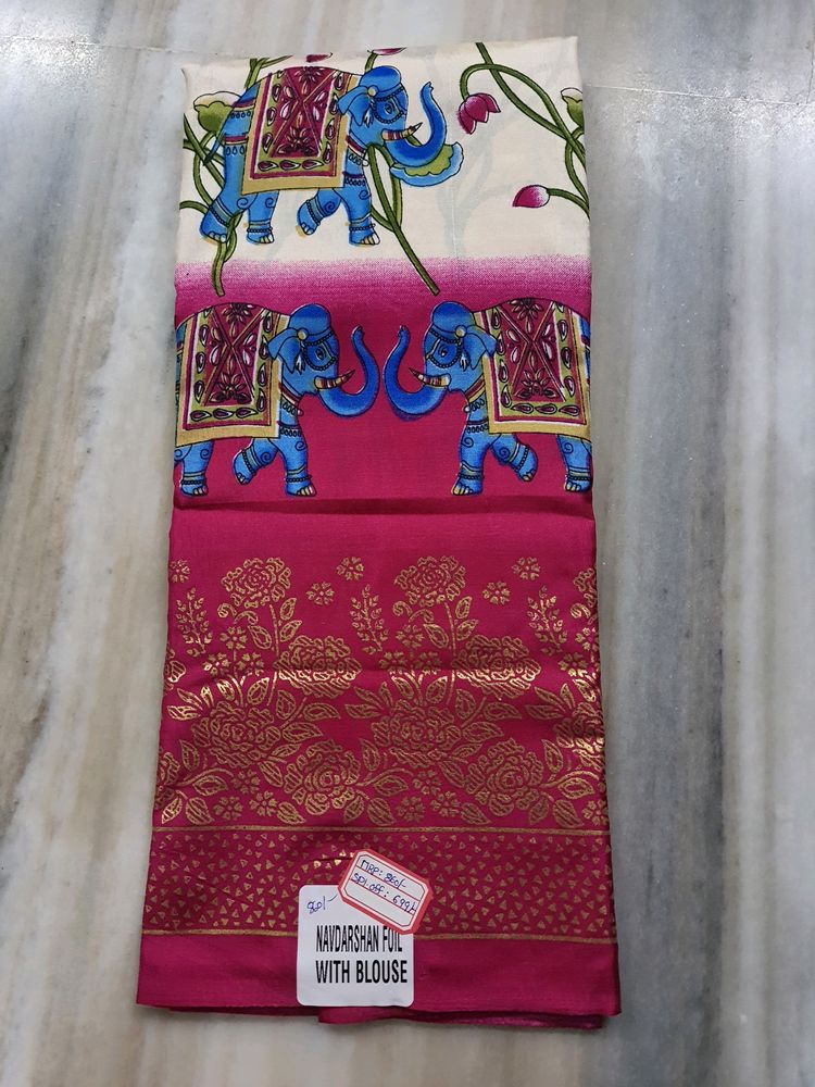 Dola Print Foil Design Cream With Pink Saree