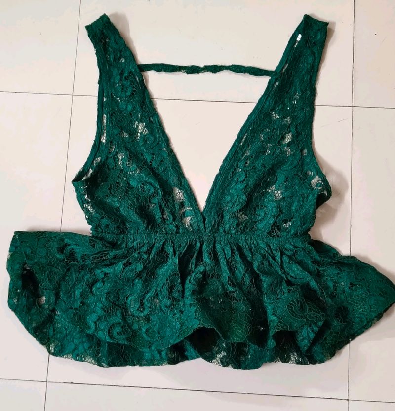 Imported Vintage Green Plunge Neck Top