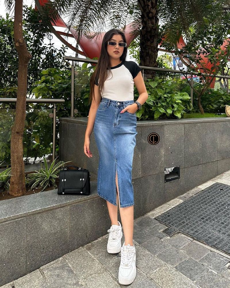 Branded Front Slit Denim Skirt