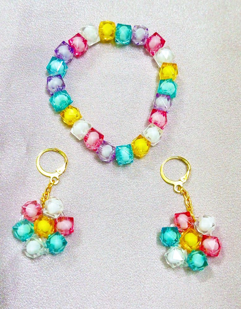 Multi Colour Crystal Beads Bracelet With Earring