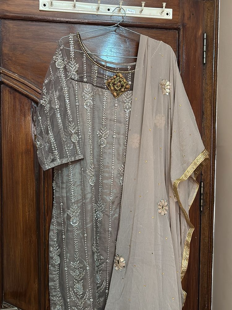 Grey Sequins Shirt With Dupatta