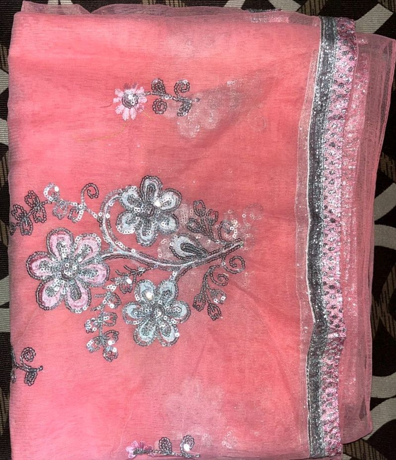 Chiffon Saree, Pink Colour, Hand In Embroidery