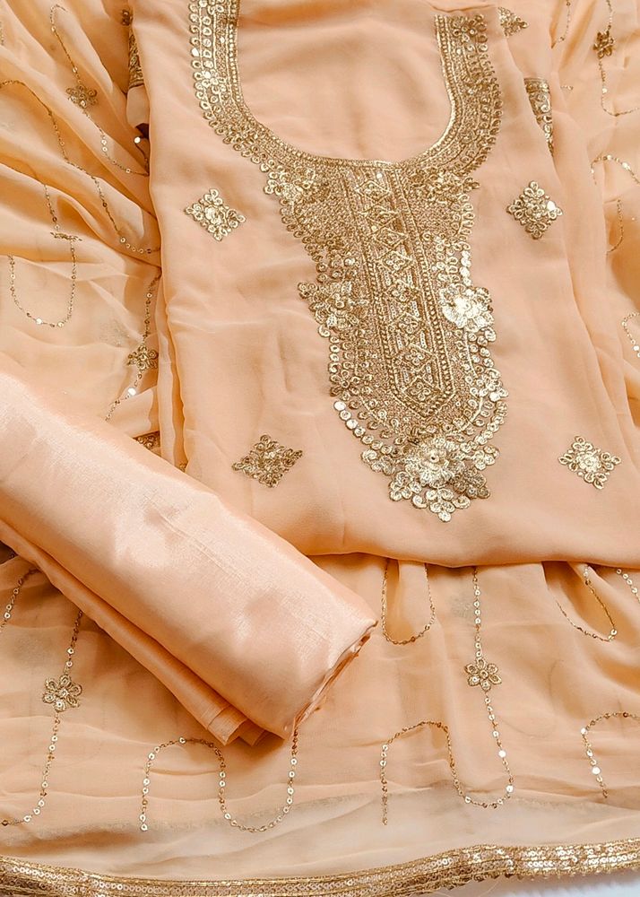 Women Peach Zari Embroidered Semi Stitched Fabric