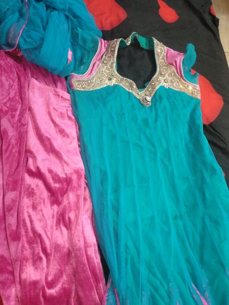 Anarkali Suit With Velvet Leggings And net Dupatta