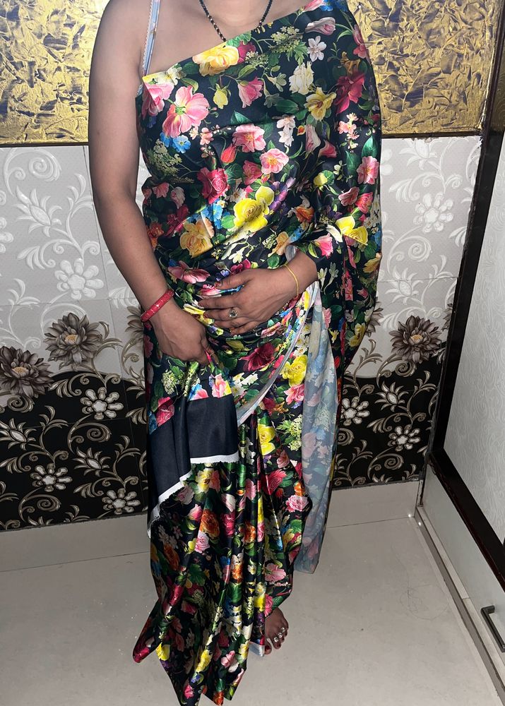 Black floral saree with attached blouse