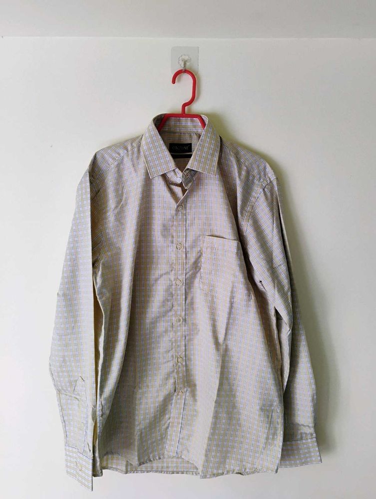 Beige White Checked Chequered Formal Shirt