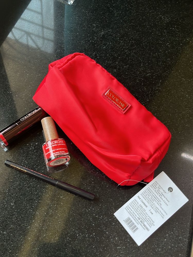 Lipstick, Kajal And Nail paint With Red Pouch