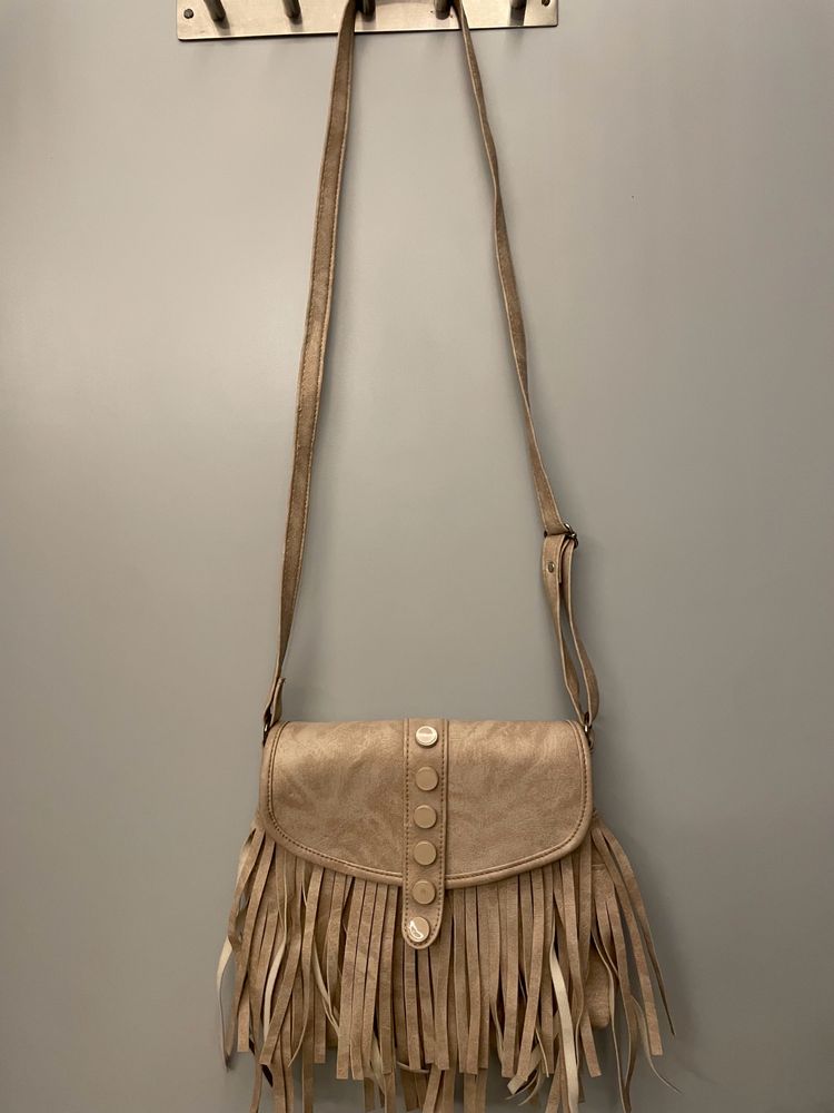 Nude/Khaki Sling Bag With Fringes