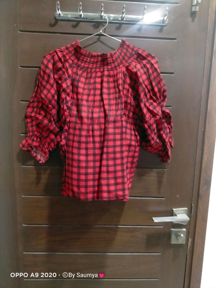 Off Shoulder Red Checkered Top