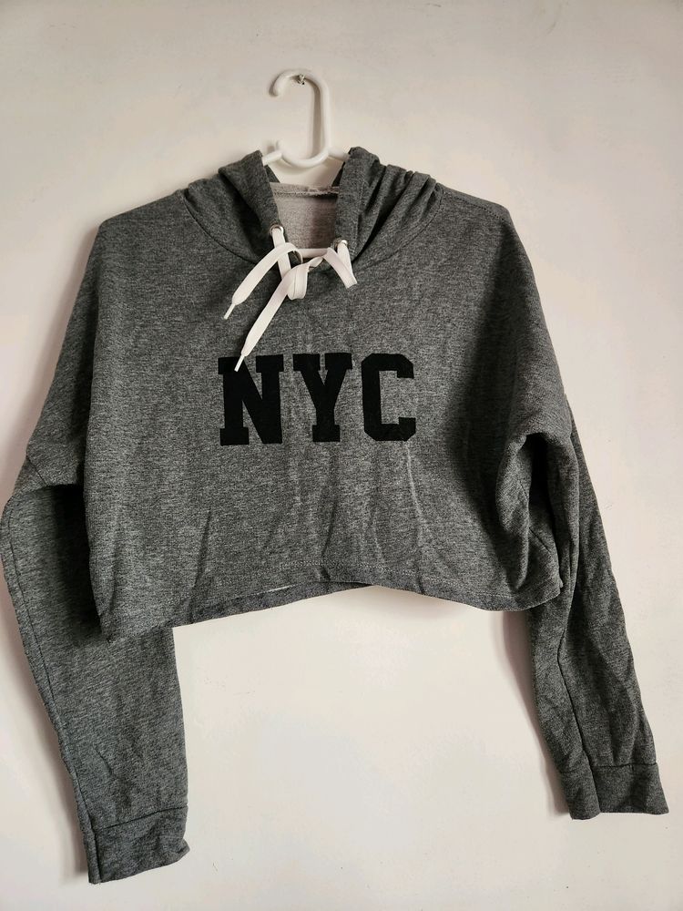 Grey NYC Full Sleeves Crop Top Hoodie