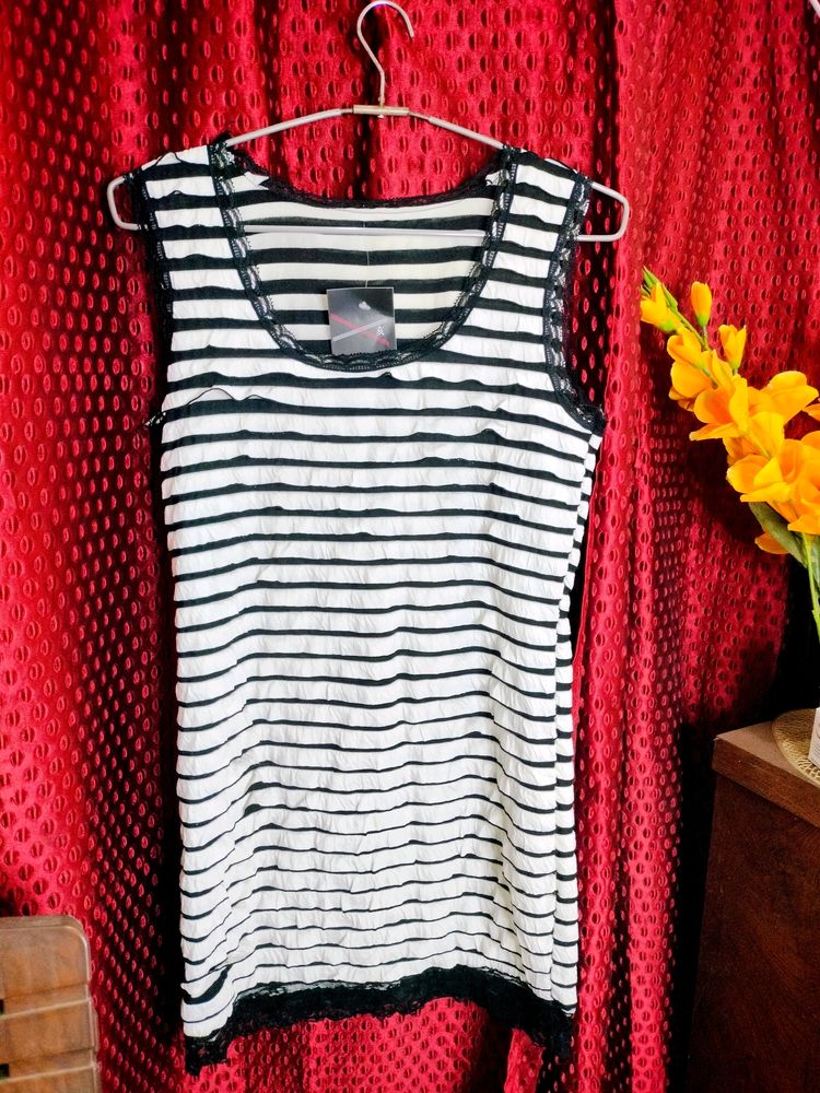 White with Black Ruffle Design Long Tank Top