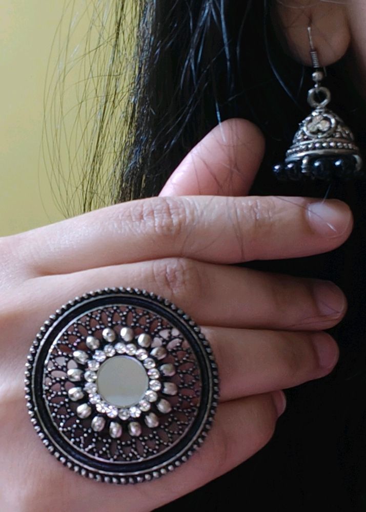 Boho Style Silver Jhumkas And Ring