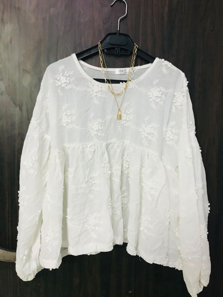 White Embroidered Flared Top