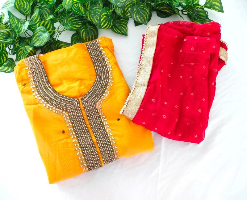 Mustard And Red Kurta Sets (Women's)