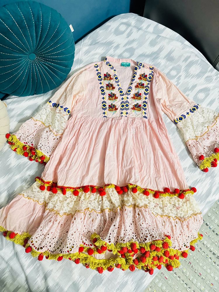 Embroided Dress With Pompom