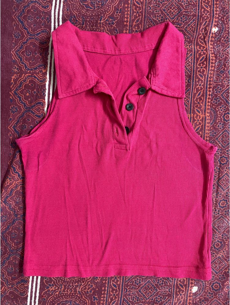 Pink Rib Halter Neck Collar Top