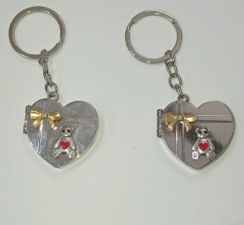 Heart Teddy Metal Photo Frame Keychain 1 Set