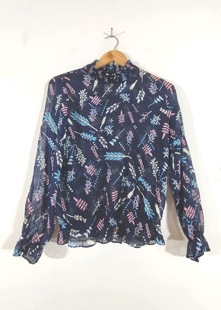 Navy Blue Leaf Print Top (Women's)