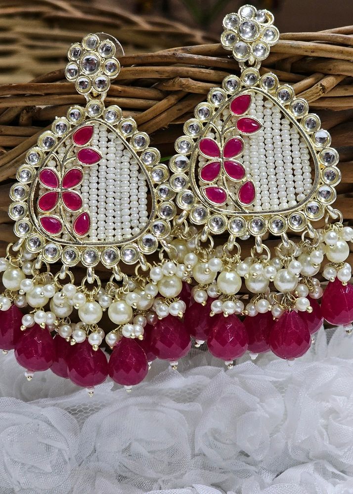 Perohi Earrings With Pearls and Pink Glass Beads