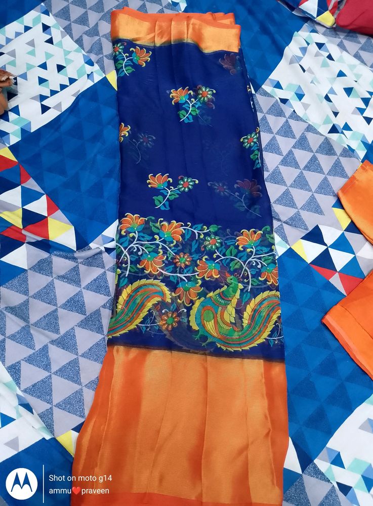 Navy Blue And Orange Saree