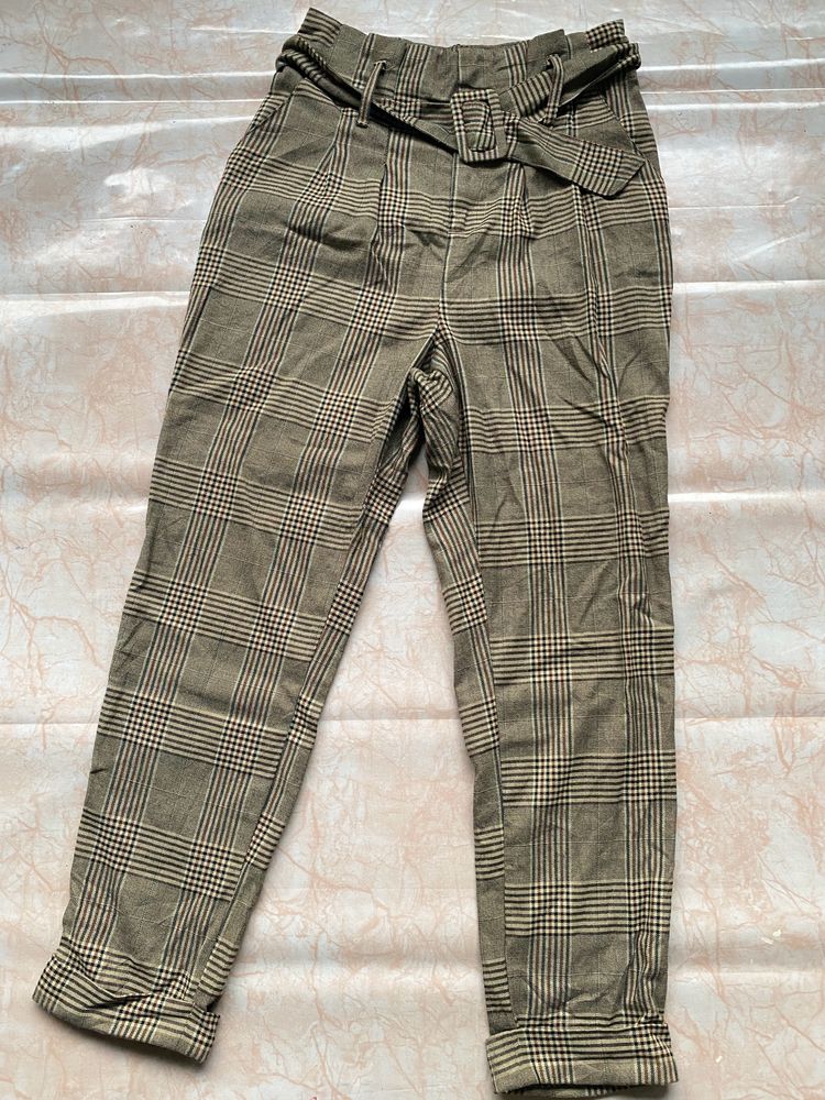 FUSCOUS GREEN AND BISTRE BROWN PLAID PANT