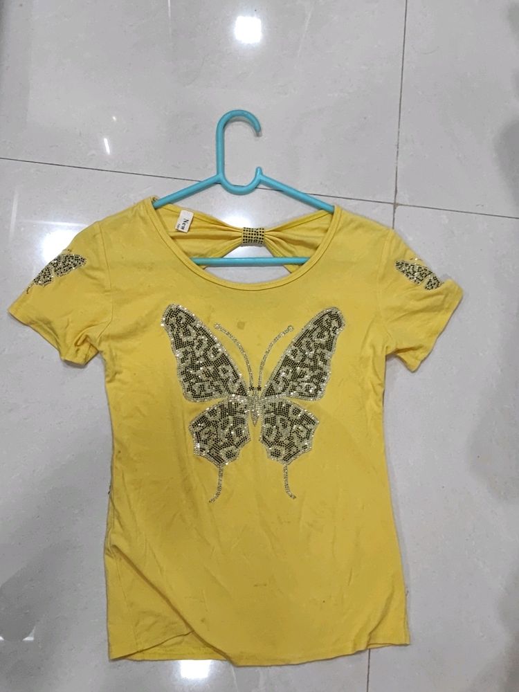 Rhinestone Yellow Top With Bow At The Back