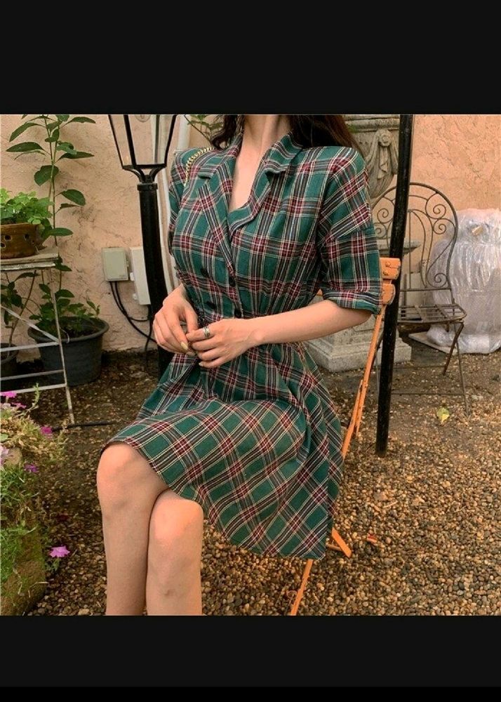 Korean Green Check Dress