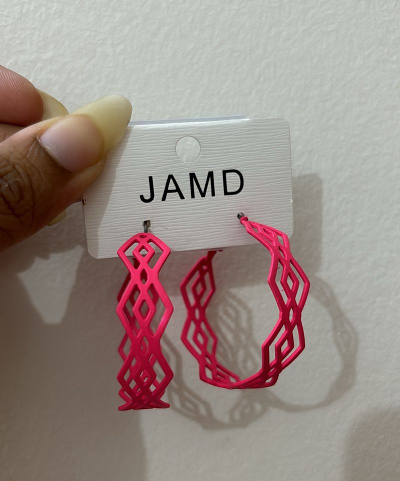 Fluorescent Pink Designed Hoop Earrings